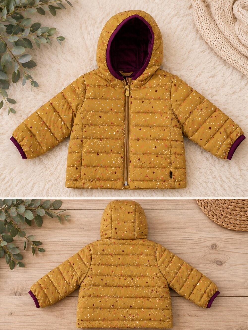 Baby GAP ColdControl Puffer Jacket 6–12 Months Goldenrod Star Print Hooded Coat